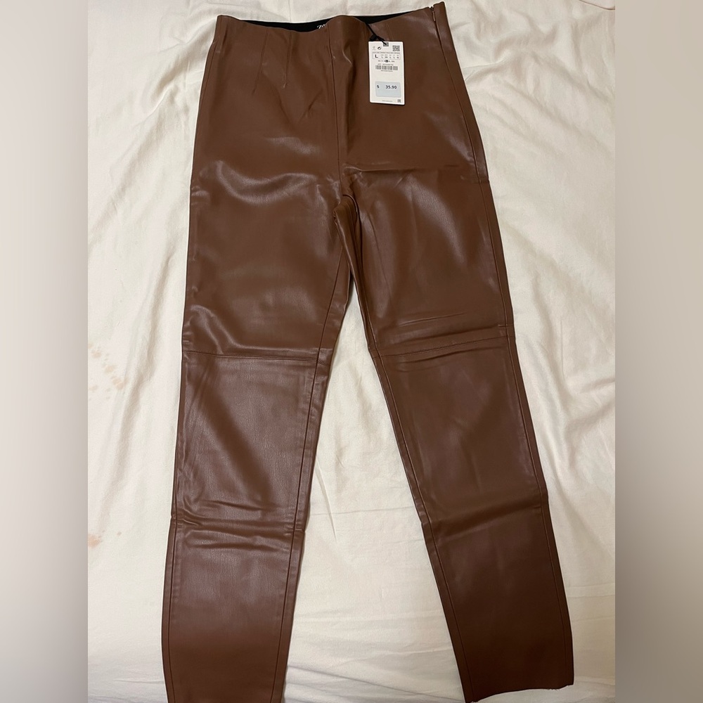 Zara Leather Pants Brown Size L New With Tag